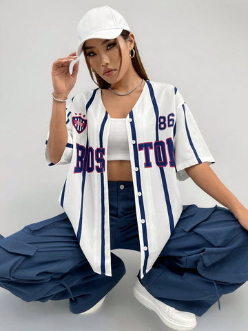 Women's white striped baseball jersey shirt with letter graphic, button-down front, and drop shoulder half sleeves.