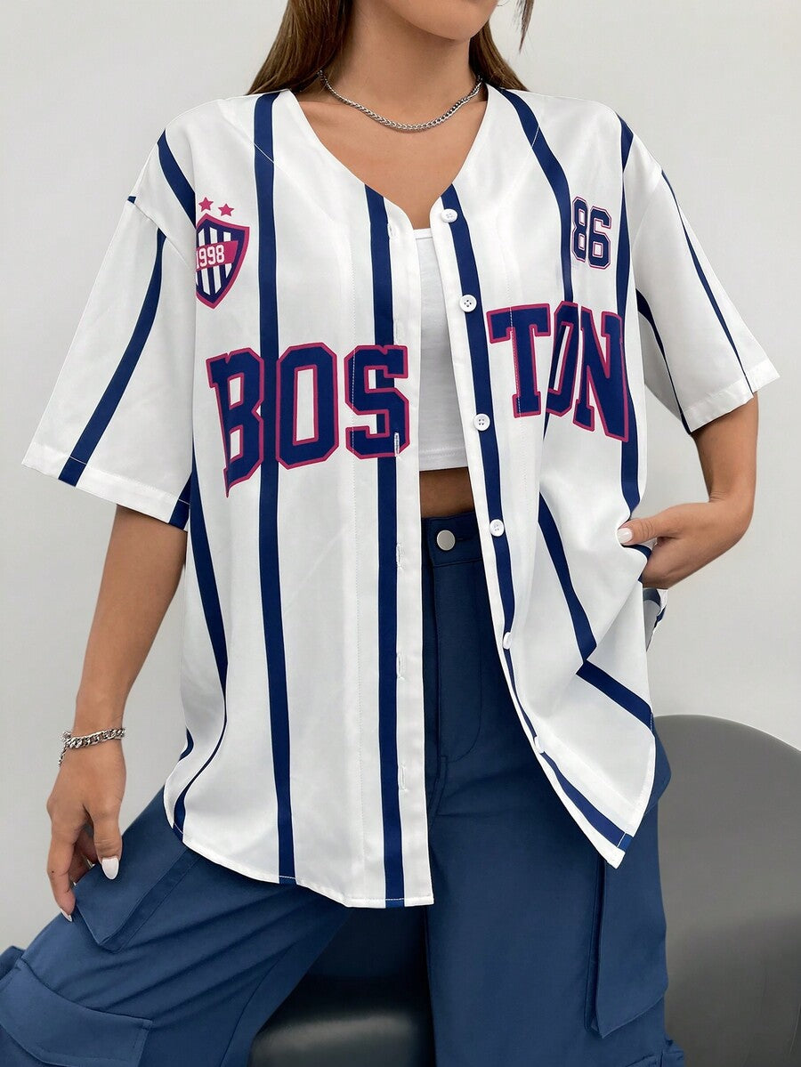Women's white striped baseball jersey shirt with letter graphic, button-down front, and drop shoulder half sleeves.
