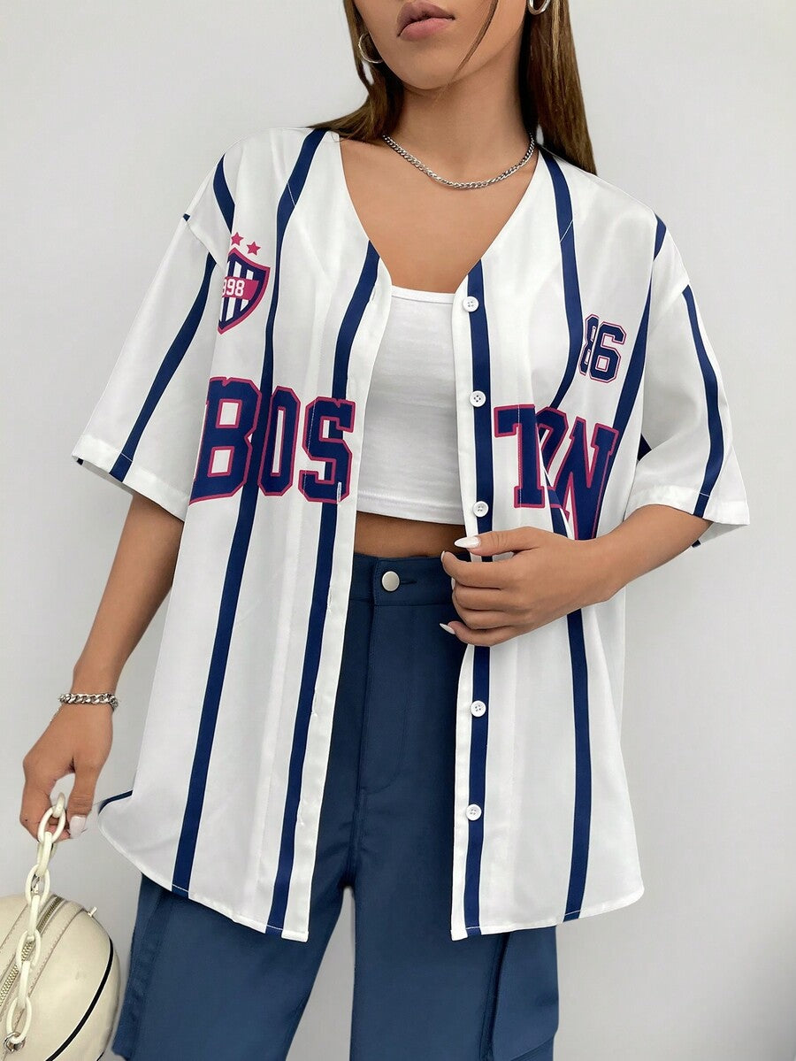 Women's white striped baseball jersey shirt with letter graphic, button-down front, and drop shoulder half sleeves.