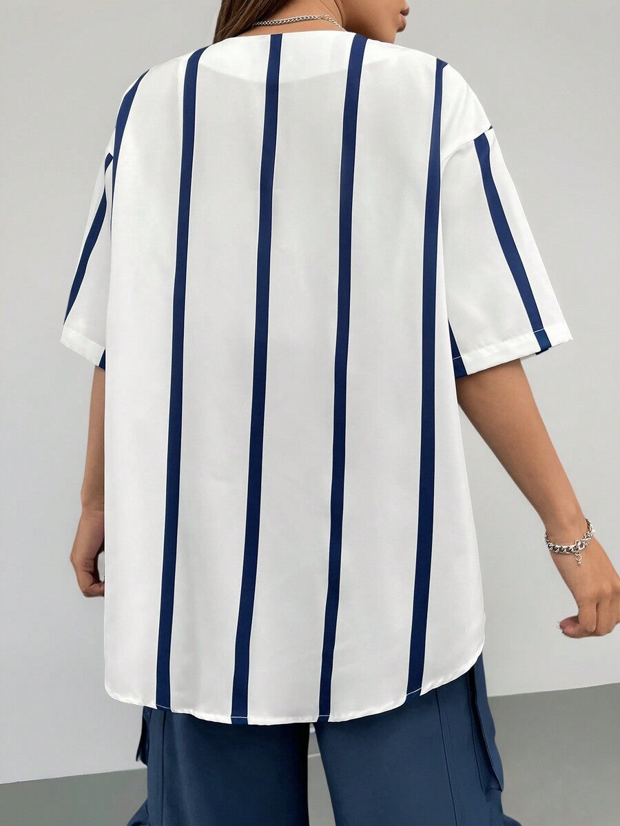 Women's white striped baseball jersey shirt with letter graphic, button-down front, and drop shoulder half sleeves.