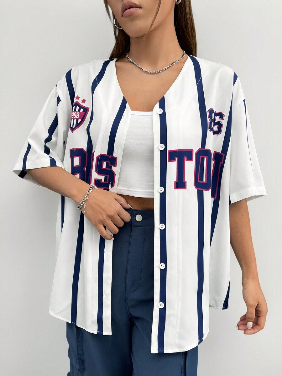Women's white striped baseball jersey shirt with letter graphic, button-down front, and drop shoulder half sleeves.