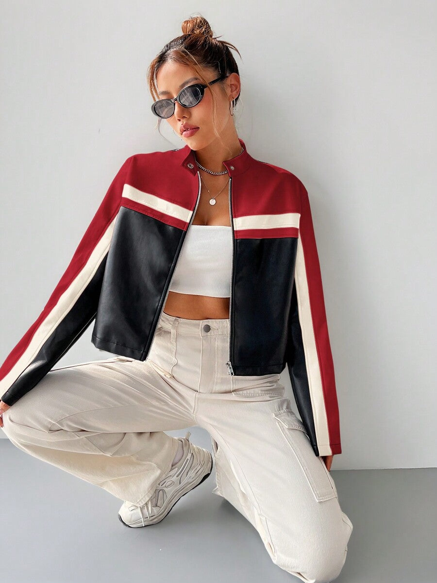 Women's black striped zip up crop jacket featuring a stand collar and long regular sleeves.