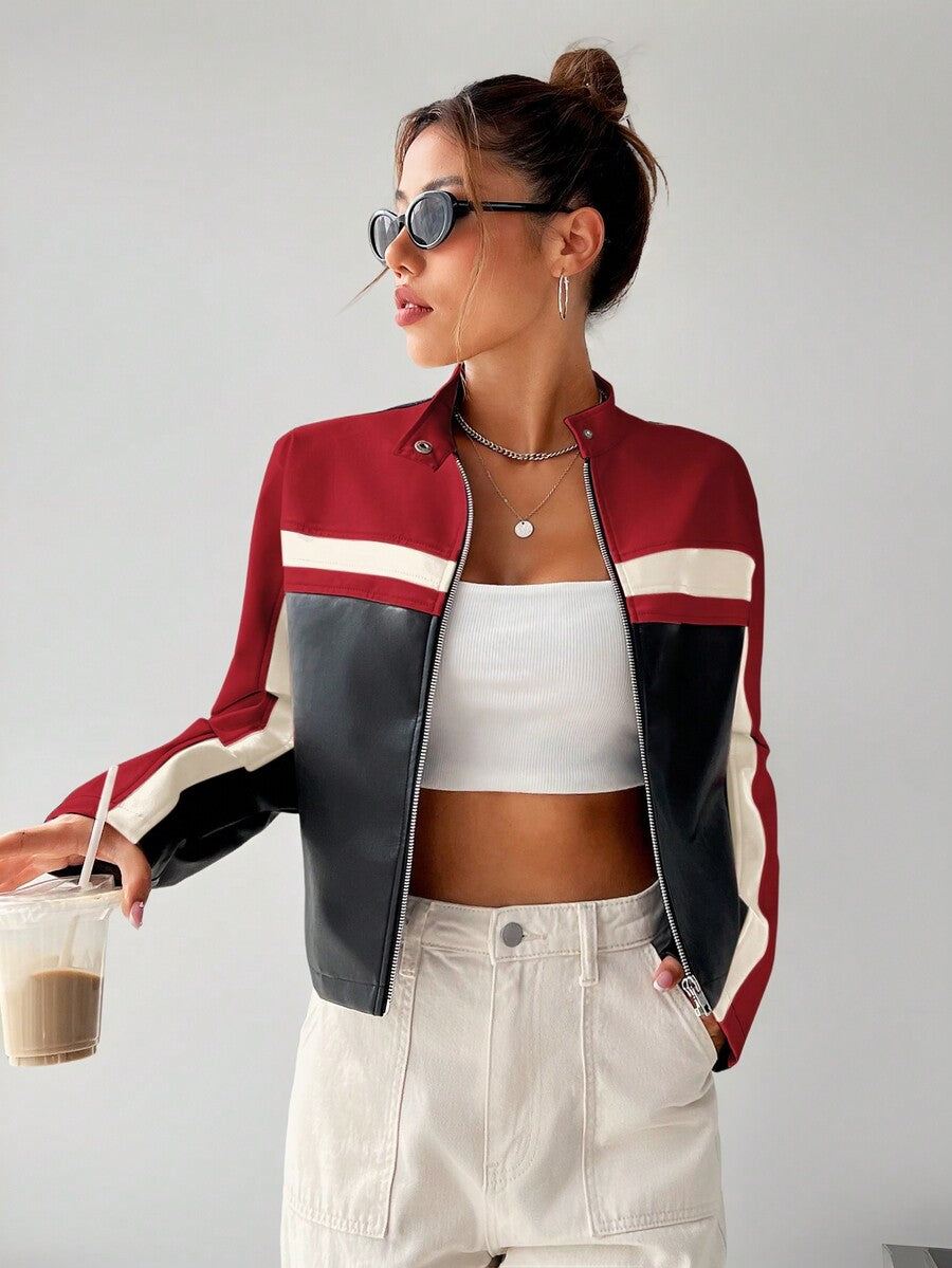 Women's black striped zip up crop jacket featuring a stand collar and long regular sleeves.