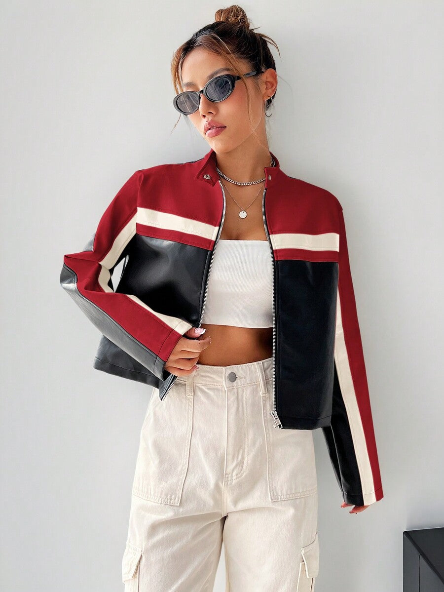 Women's black striped zip up crop jacket featuring a stand collar and long regular sleeves.