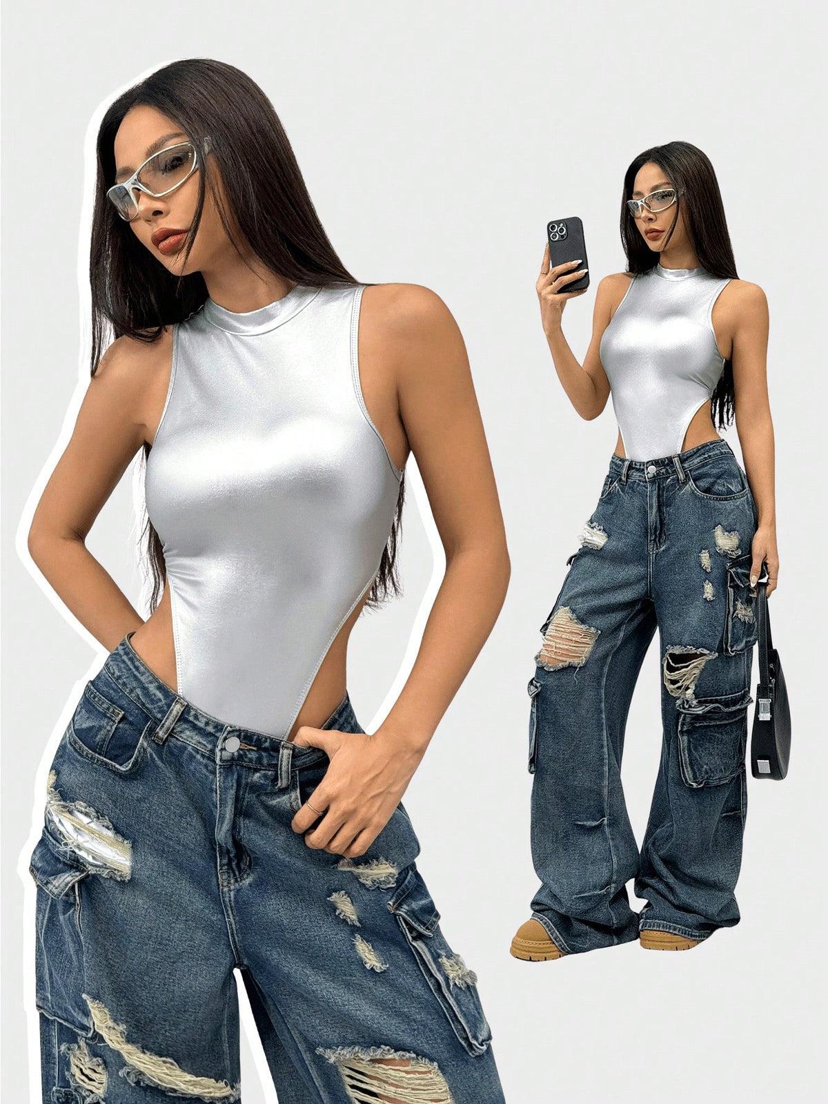 Women's slim fit sleeveless bodysuit with a stand collar and crisscross backless design in coated fabric.