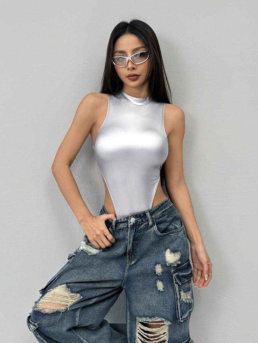 Women's slim fit sleeveless bodysuit with a stand collar and crisscross backless design in coated fabric.