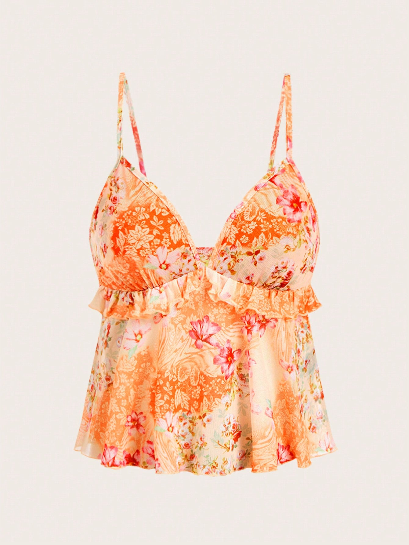 Floral multicolor mesh spaghetti strap cami tank top with backless design, ruffle hem, lettuce trim, and flared long loose fit.