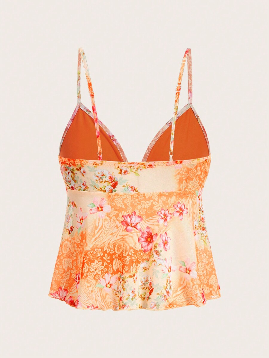 Floral multicolor mesh spaghetti strap cami tank top with backless design, ruffle hem, lettuce trim, and flared long loose fit.