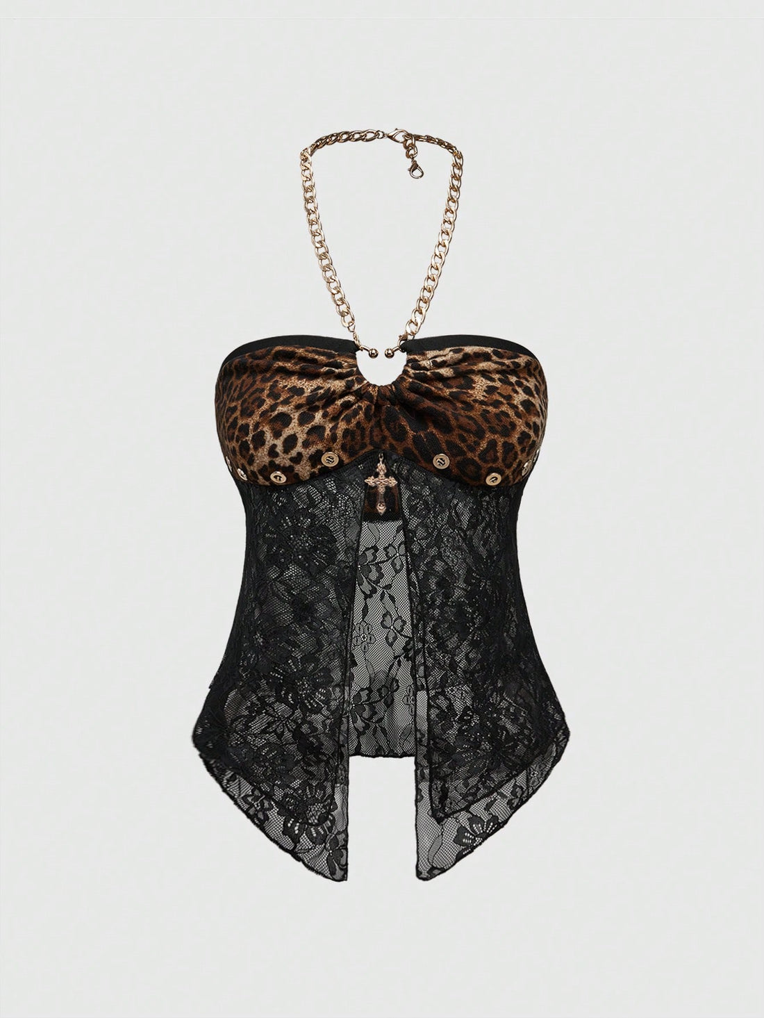 Brown leopard print Y2K halter crop tank top with lace detail, cross decor, backless knot design, and asymmetrical hem