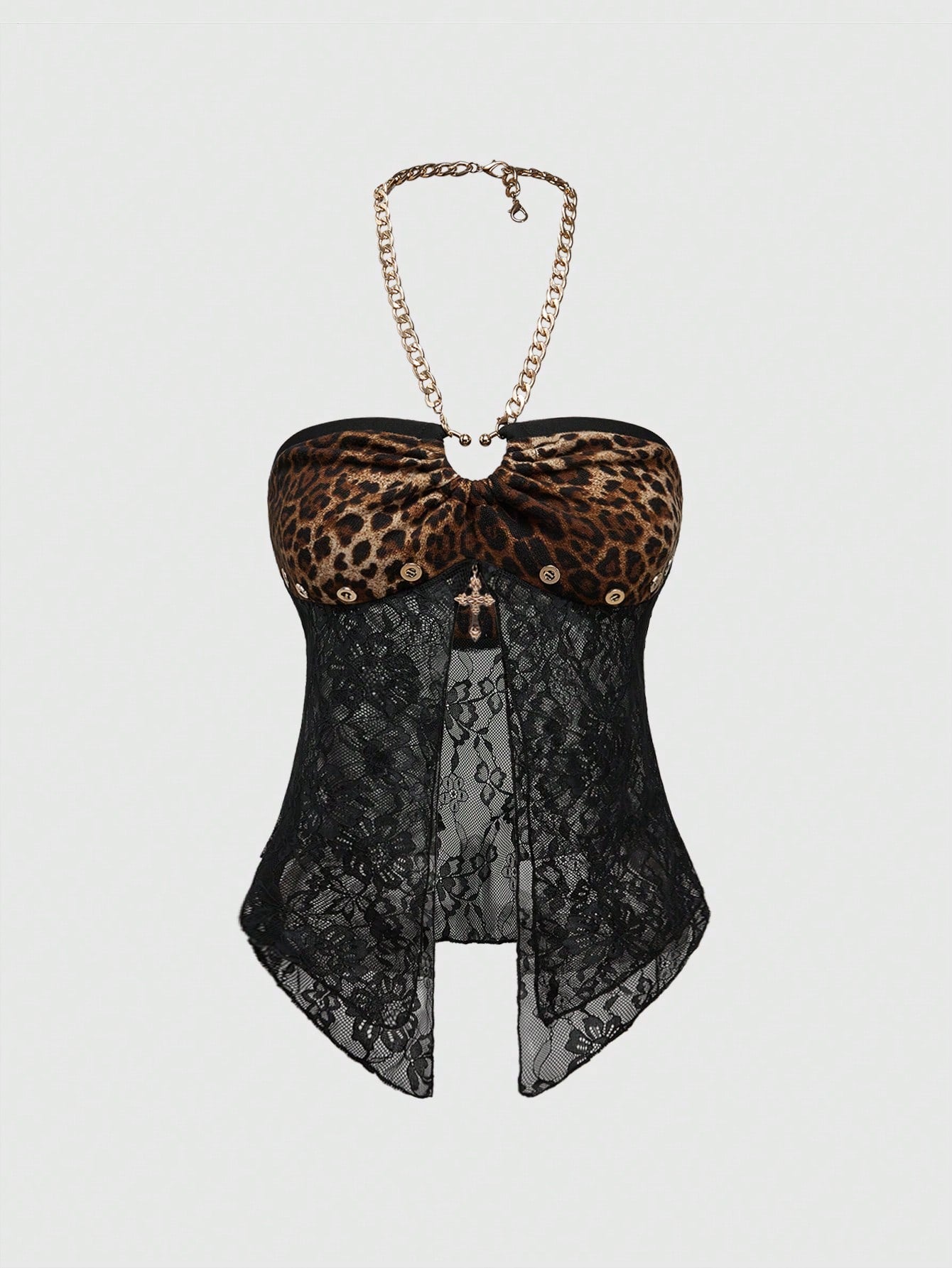 Brown leopard print Y2K halter crop tank top with lace detail, cross decor, backless knot design, and asymmetrical hem