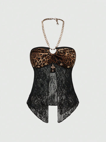 Brown leopard print Y2K halter crop tank top with lace detail, cross decor, backless knot design, and asymmetrical hem