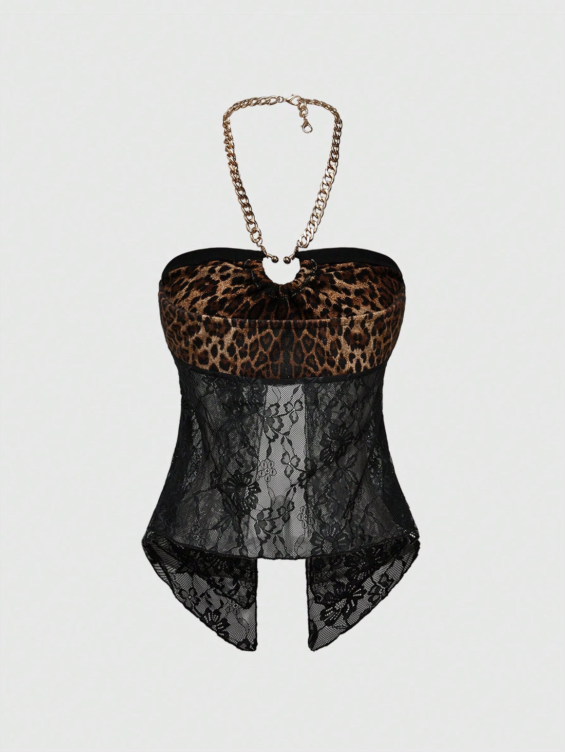 Brown leopard print Y2K halter crop tank top with lace detail, cross decor, backless knot design, and asymmetrical hem