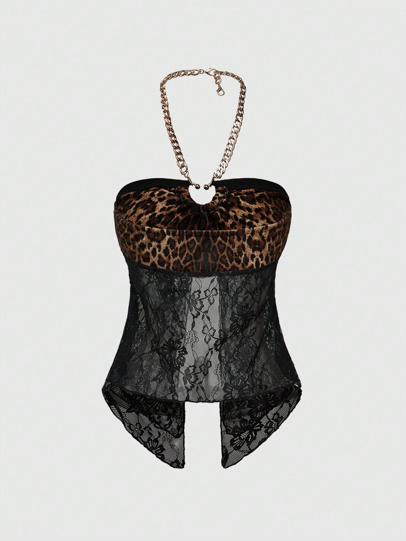 Brown leopard print Y2K halter crop tank top with lace detail, cross decor, backless knot design, and asymmetrical hem