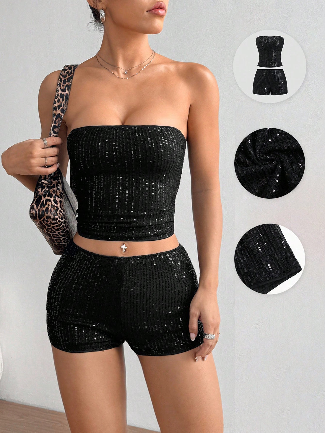 Women’s sequin strapless bandeau crop top and mini shorts two-piece outfit with backless zipper detail