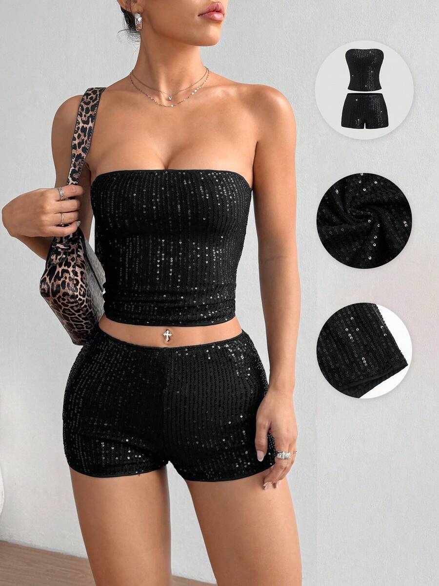 Women’s sequin strapless bandeau crop top and mini shorts two-piece outfit with backless zipper detail