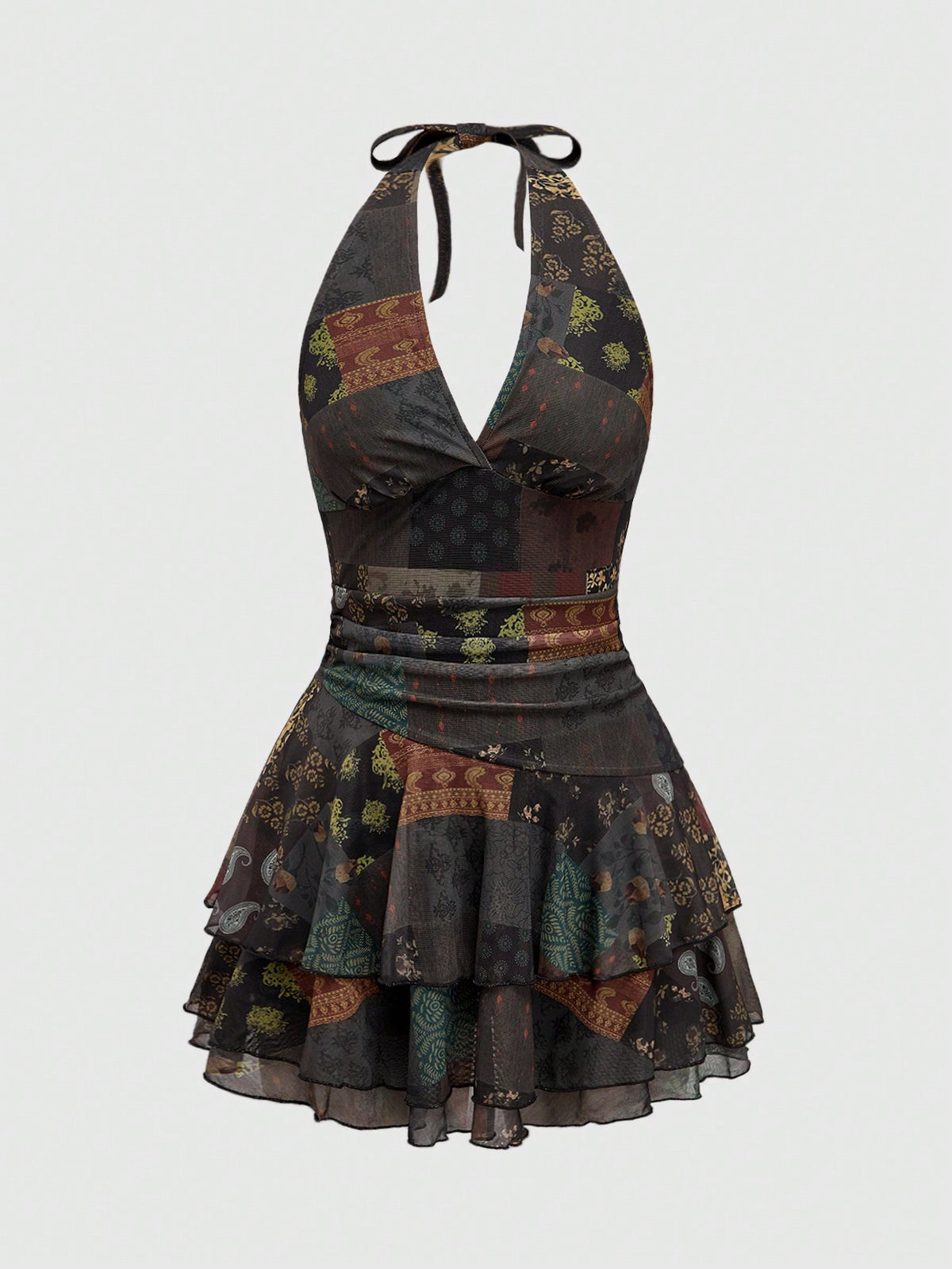 Women's brown boho halter mini dress with backless knot detail, slim fit bodycon shape, all-over mixed print, and layered tiered hem
