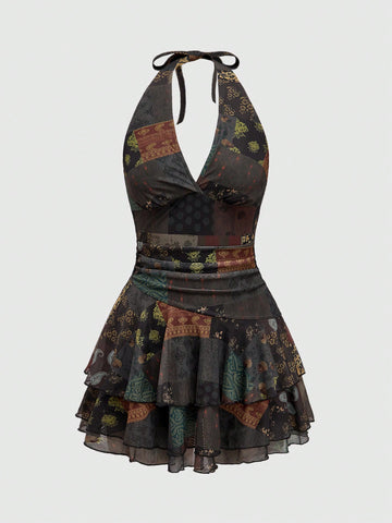 Women's brown boho halter mini dress with backless knot detail, slim fit bodycon shape, all-over mixed print, and layered tiered hem