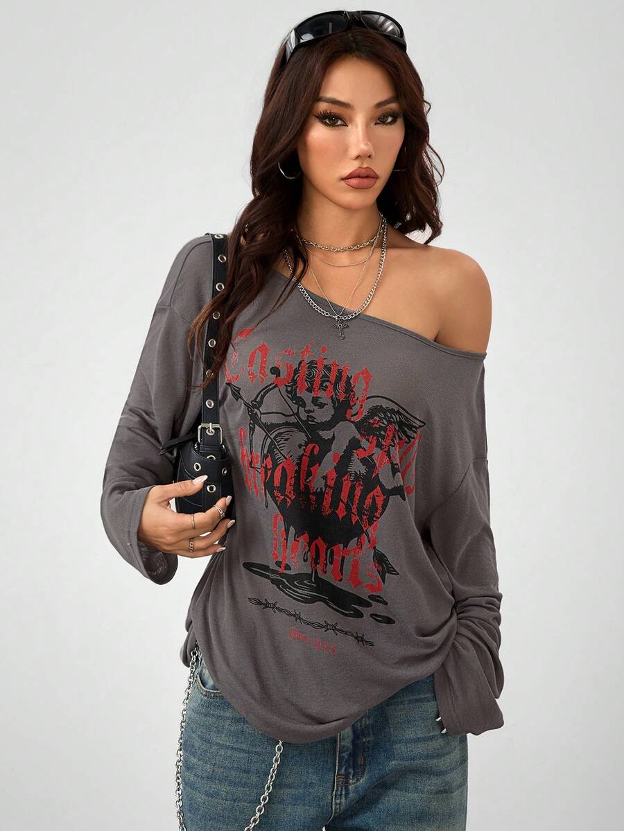 Women's brown striped boat neck long sleeve raglan T-shirt with a loose casual fit