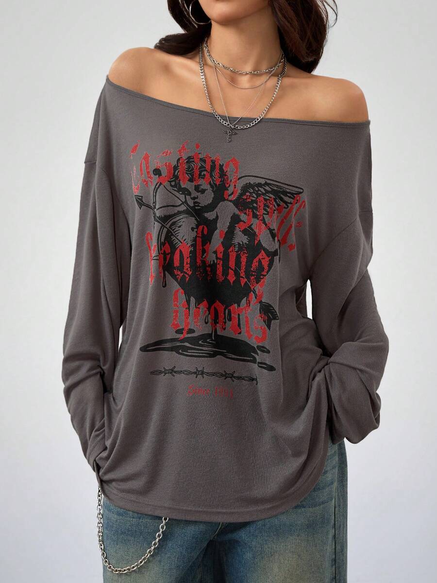 Women's brown striped boat neck long sleeve raglan T-shirt with a loose casual fit
