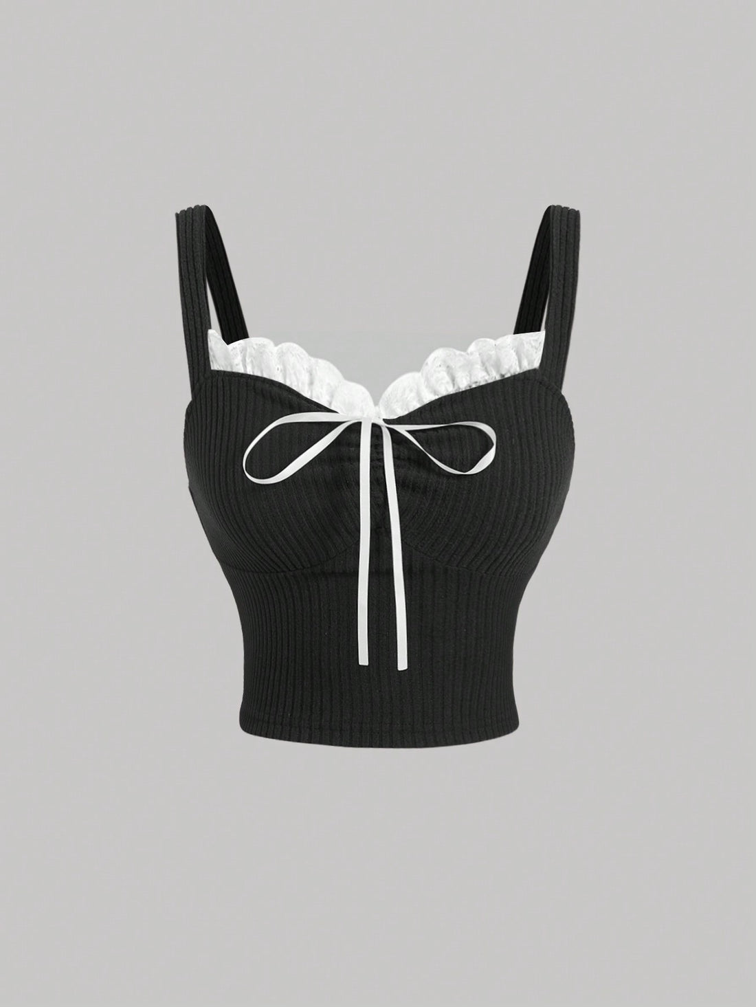 Black crop camisole top for women featuring shoulder straps, cold shoulder sleeves, drawstring detail, and frill trim on plain knitted fabric.