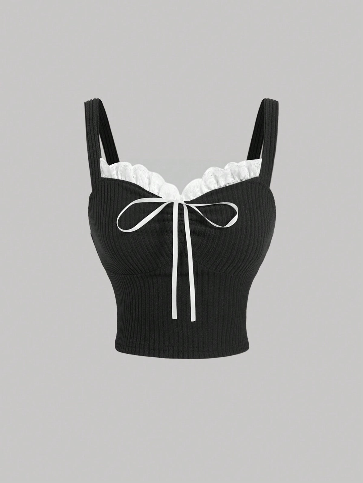 Black crop camisole top for women featuring shoulder straps, cold shoulder sleeves, drawstring detail, and frill trim on plain knitted fabric.