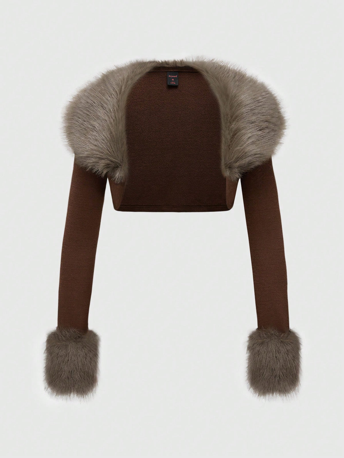 Black long sleeve open front micro crop top featuring contrast fluffy faux fur trim and knitted fabric.