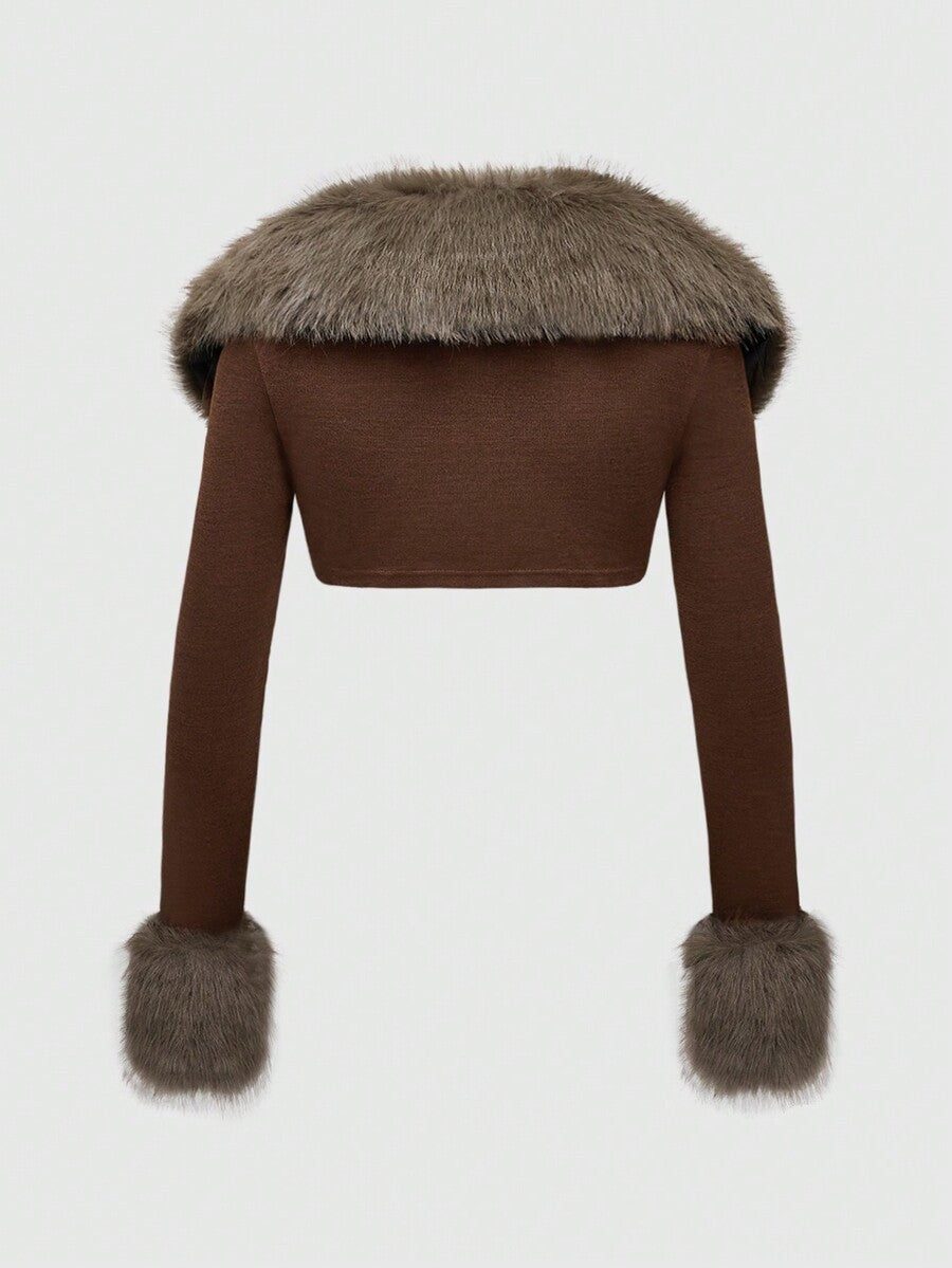 Black long sleeve open front micro crop top featuring contrast fluffy faux fur trim and knitted fabric.