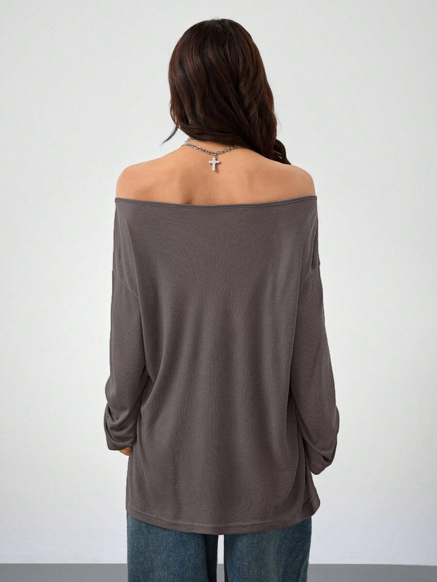 Women's brown striped boat neck long sleeve raglan T-shirt with a loose casual fit