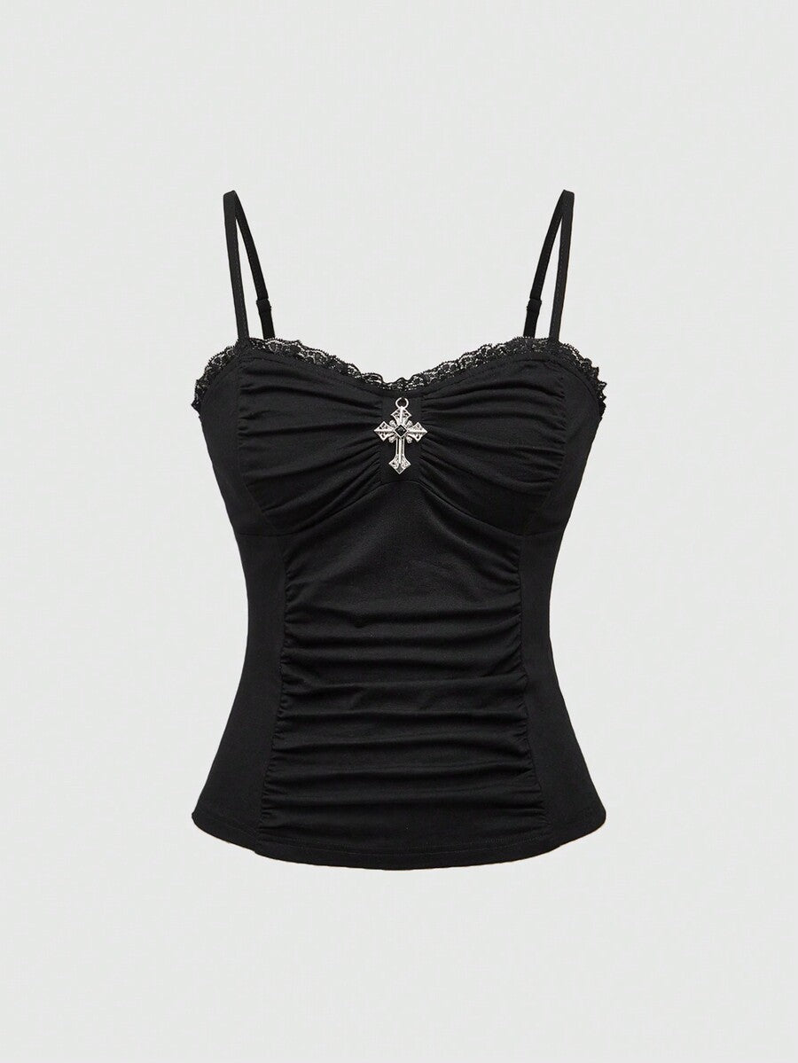 Black gothic spaghetti strap tank top for women featuring contrast lace patchwork, ruched frill details, and a cross pendant accent in a slim fit knitted fabric.