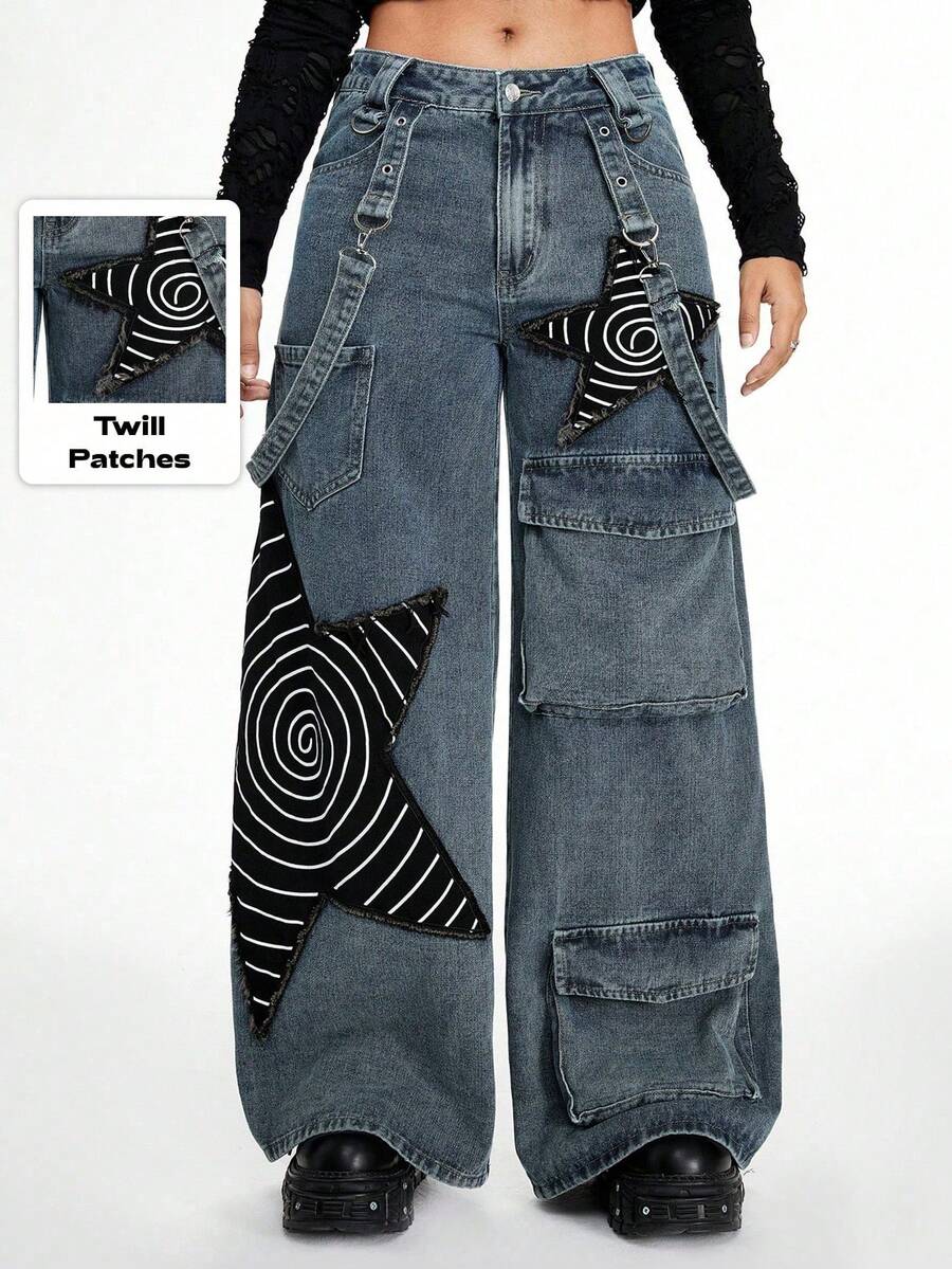 Women's loose fit wide leg cargo jeans in distressed washed denim featuring star patch details and side pockets.