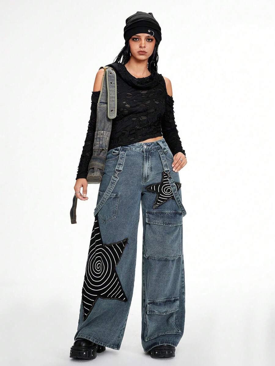 Women's loose fit wide leg cargo jeans in distressed washed denim featuring star patch details and side pockets.