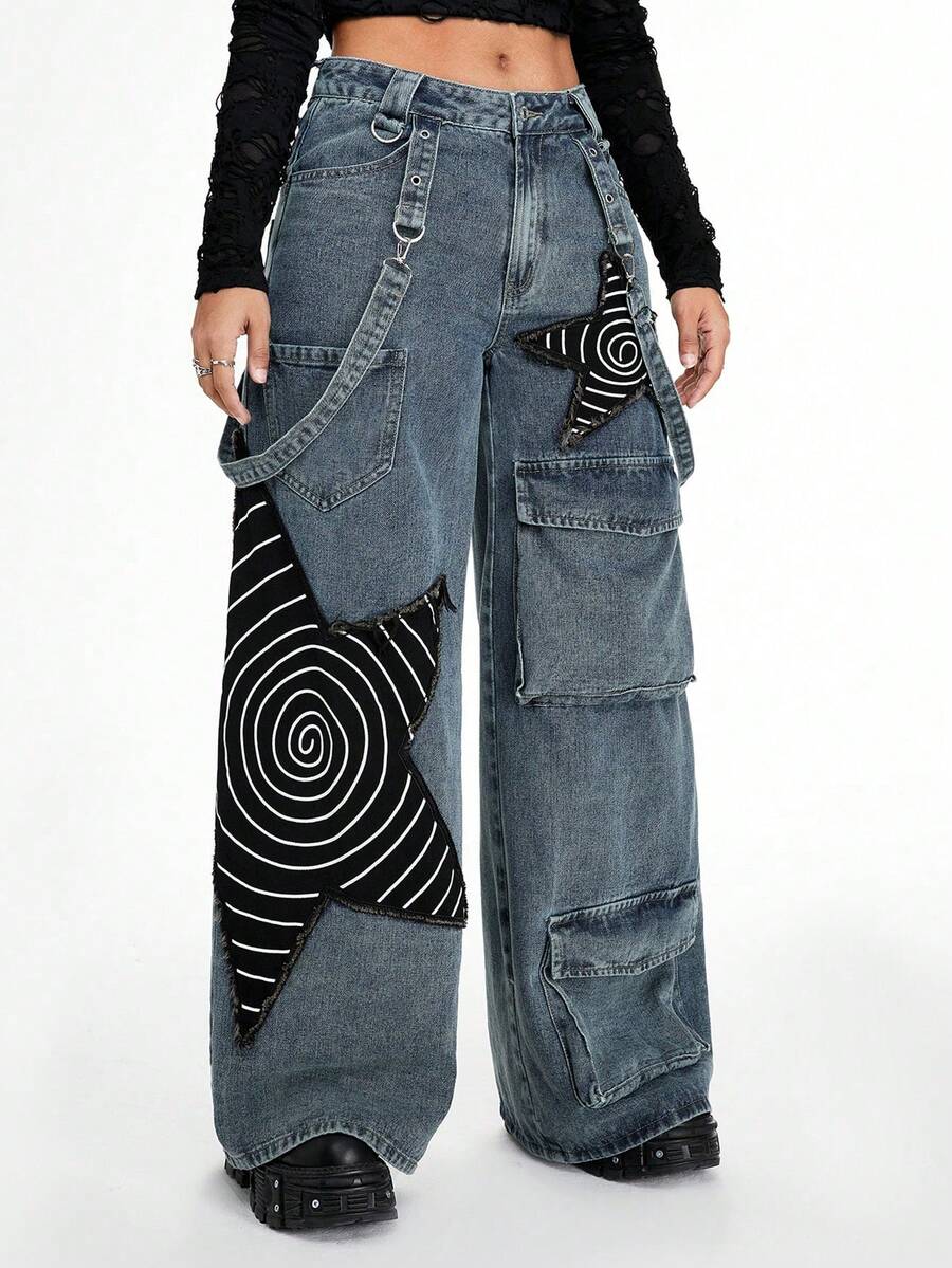 Women's loose fit wide leg cargo jeans in distressed washed denim featuring star patch details and side pockets.