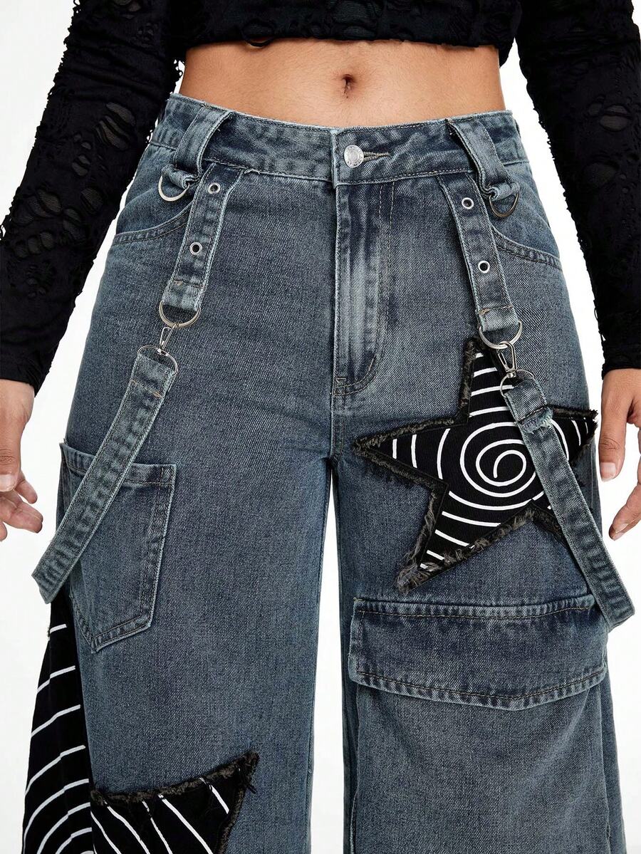 Women's loose fit wide leg cargo jeans in distressed washed denim featuring star patch details and side pockets.