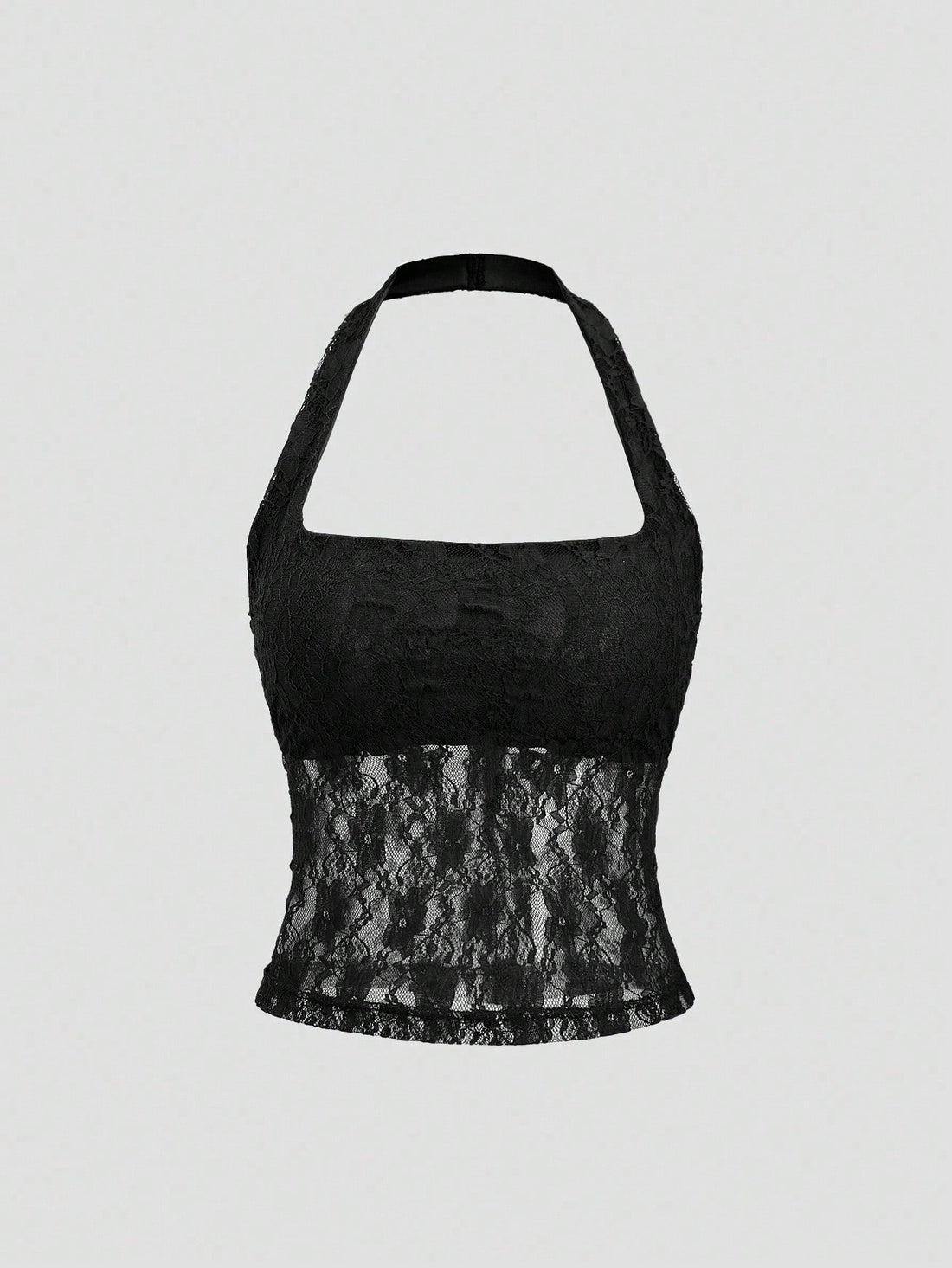 Women's solid lace halter top featuring a backless slim fit design with semi-sheer lace detail.