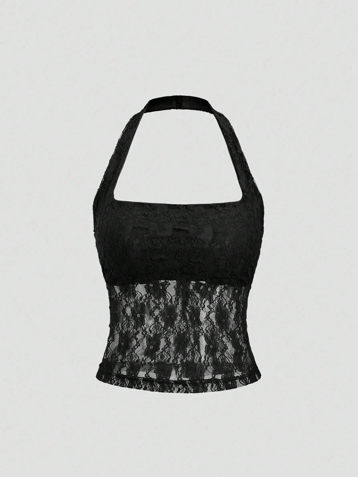 Women's solid lace halter top featuring a backless slim fit design with semi-sheer lace detail.