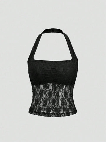 Women's solid lace halter top featuring a backless slim fit design with semi-sheer lace detail.