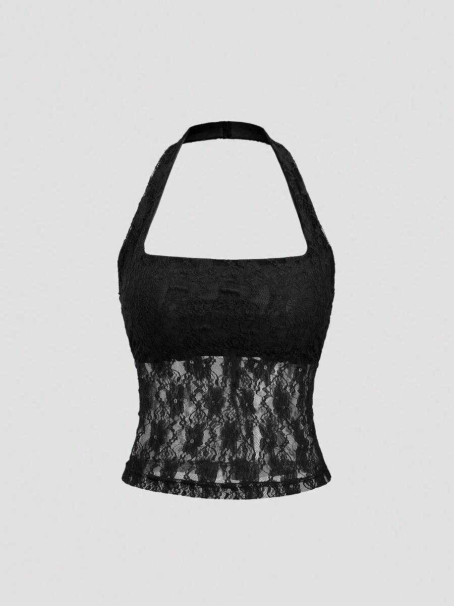 Women's solid lace halter top featuring a backless slim fit design with semi-sheer lace detail.