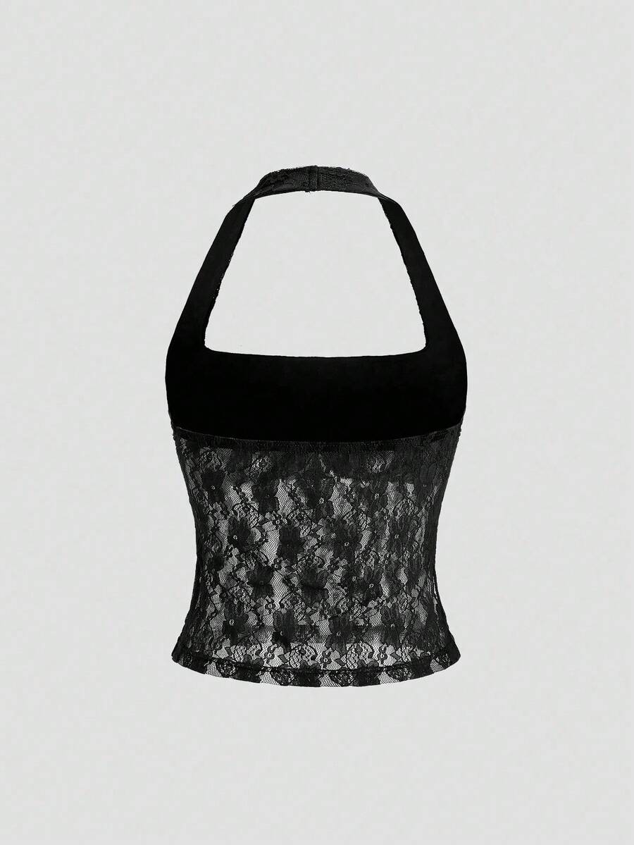 Women's solid lace halter top featuring a backless slim fit design with semi-sheer lace detail.