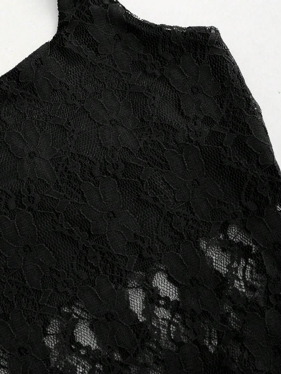 Women's solid lace halter top featuring a backless slim fit design with semi-sheer lace detail.