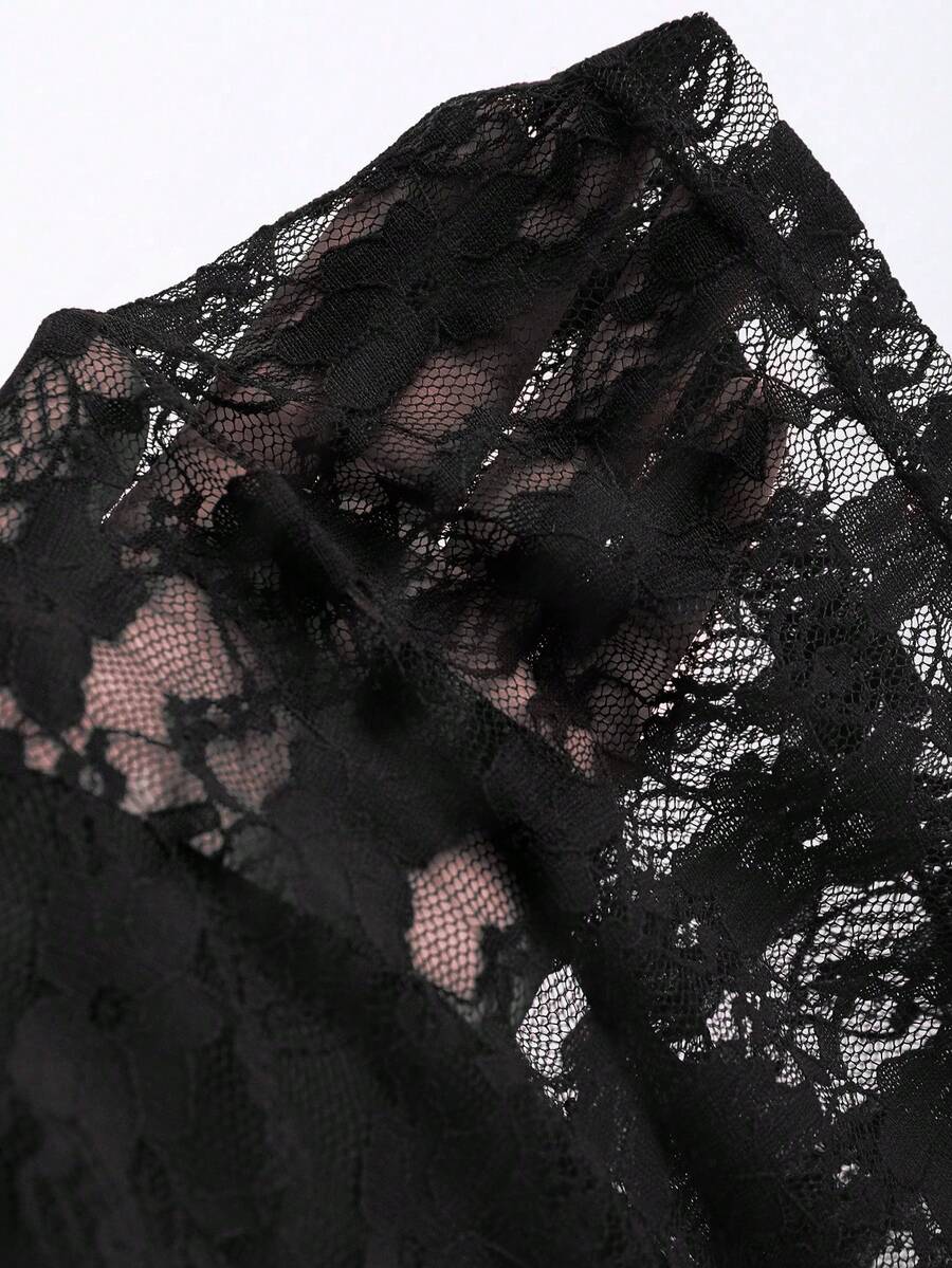 Women's solid lace halter top featuring a backless slim fit design with semi-sheer lace detail.