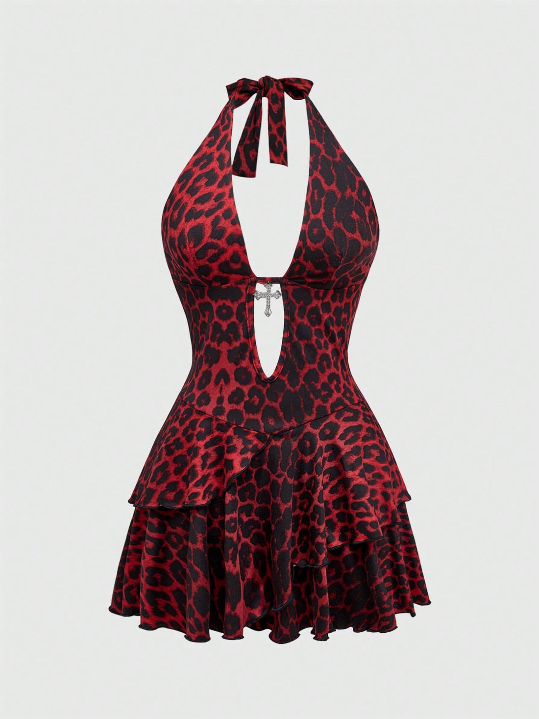 Y2K Harajuku goth style leopard print halter mini dress with backless cut-out details, high waist, sleeveless slim fit, and layered tiered hem.