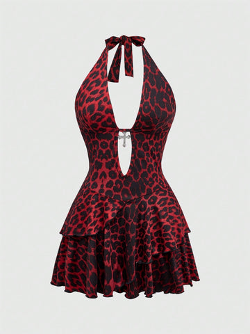 Y2K Harajuku goth style leopard print halter mini dress with backless cut-out details, high waist, sleeveless slim fit, and layered tiered hem.