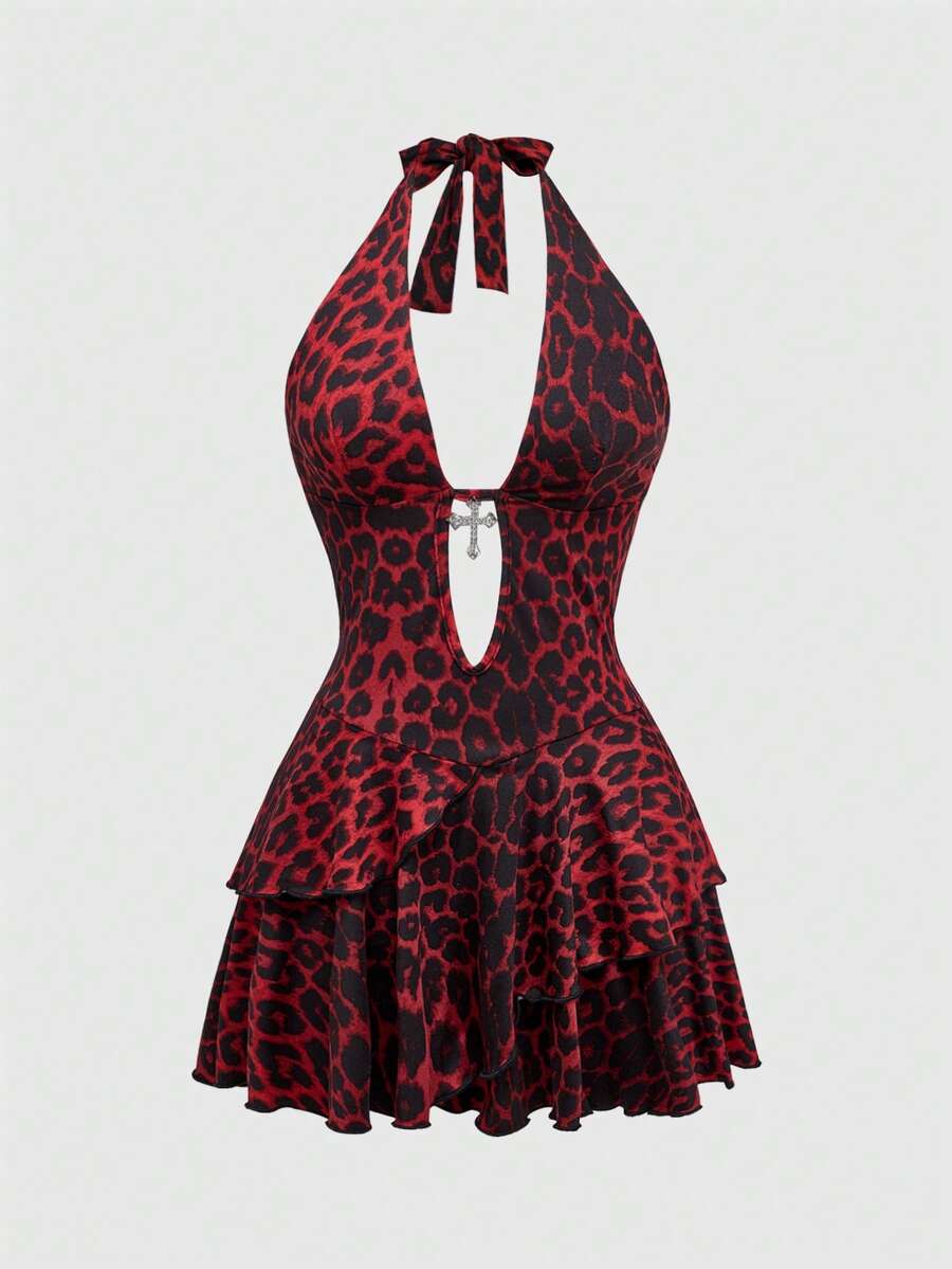 Y2K Harajuku goth style leopard print halter mini dress with backless cut-out details, high waist, sleeveless slim fit, and layered tiered hem.