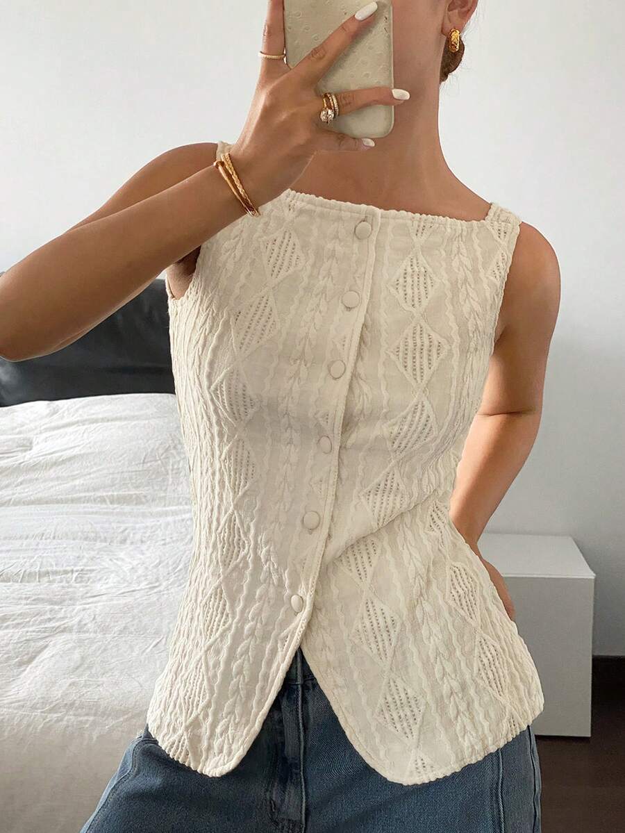 Striped ribbed knit tank top for women featuring a button-down front, sleeveless design, and slim fit silhouette.