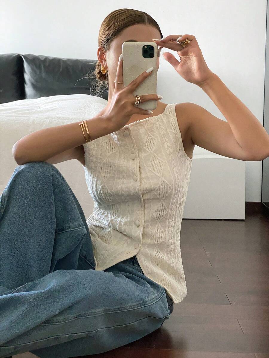 Striped ribbed knit tank top for women featuring a button-down front, sleeveless design, and slim fit silhouette.