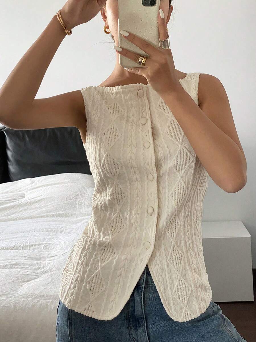 Striped ribbed knit tank top for women featuring a button-down front, sleeveless design, and slim fit silhouette.