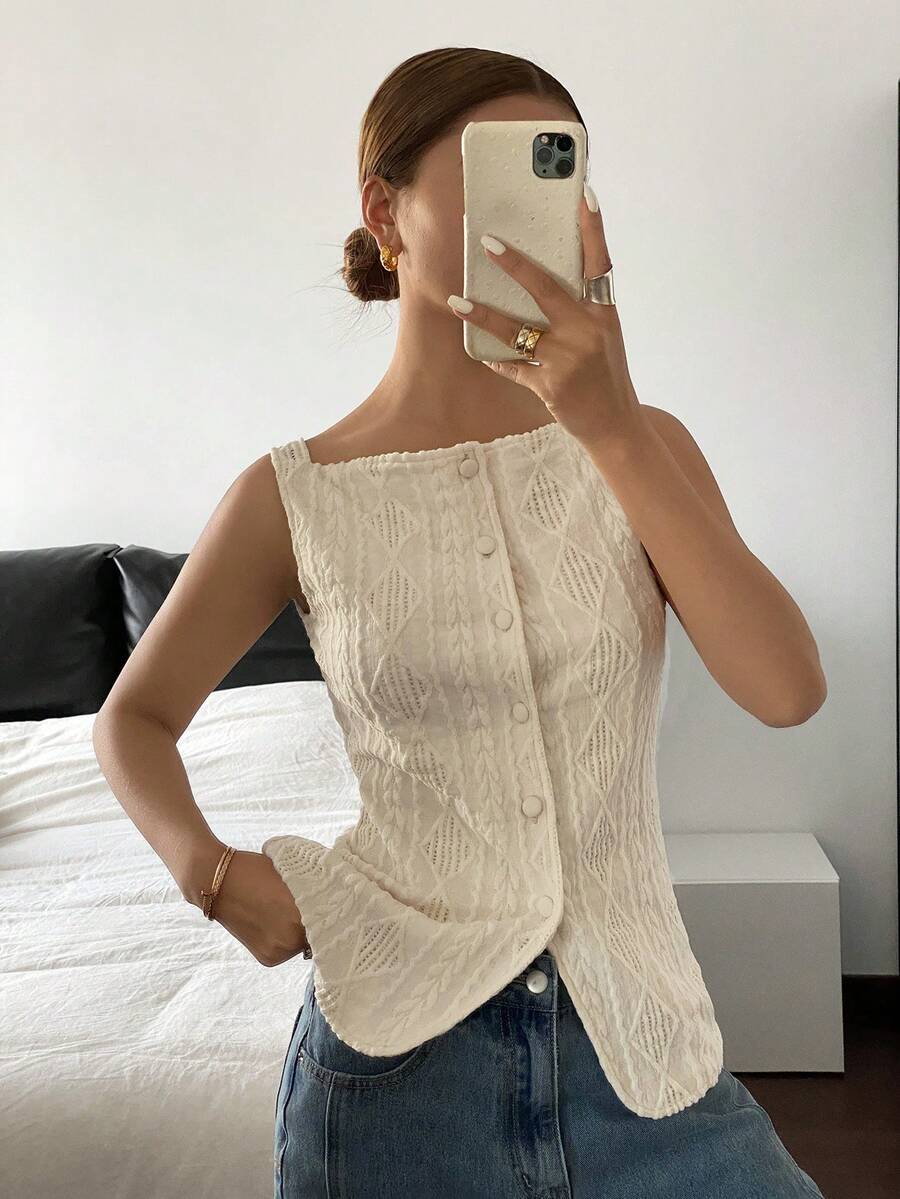 Striped ribbed knit tank top for women featuring a button-down front, sleeveless design, and slim fit silhouette.