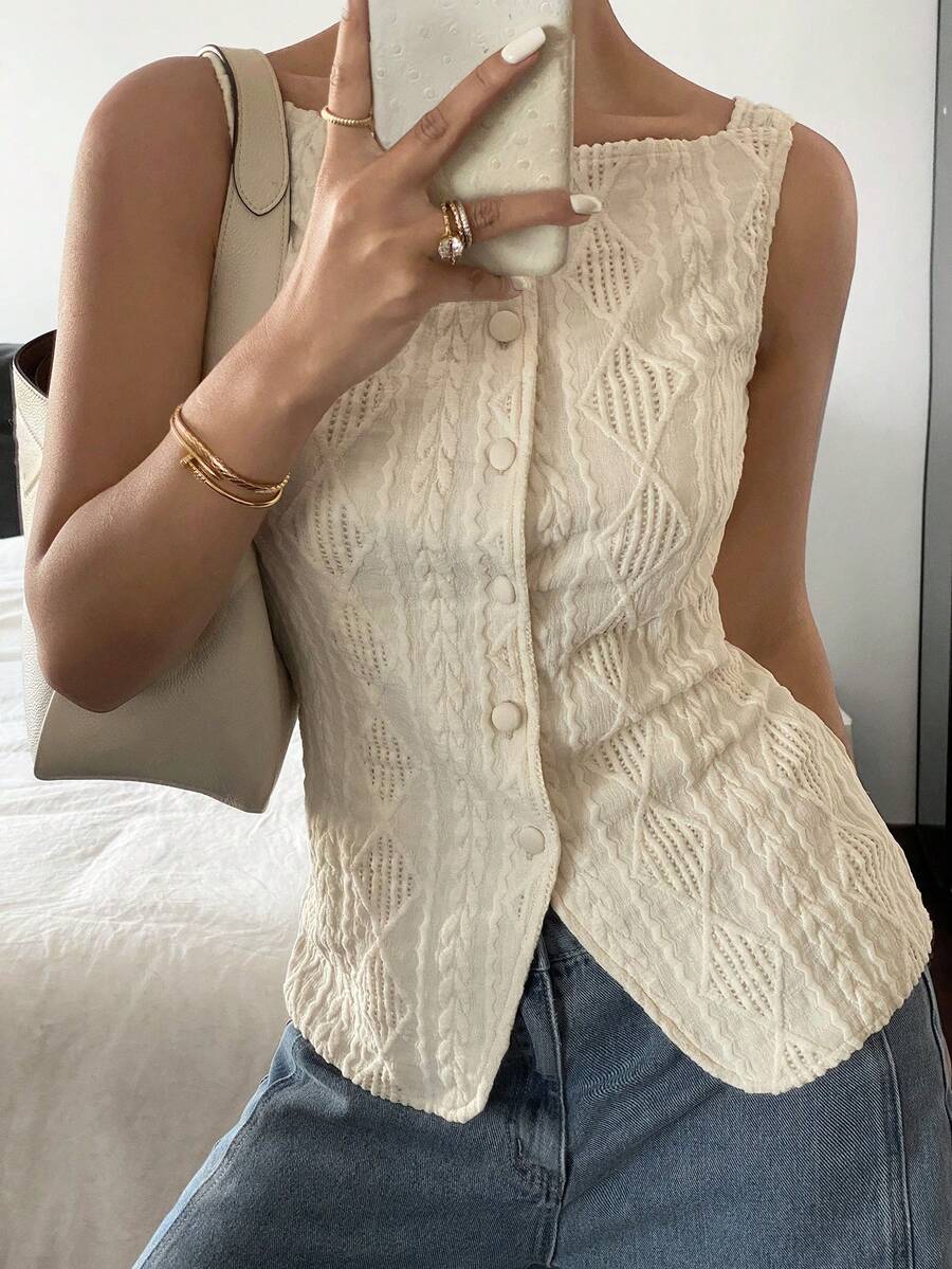 Striped ribbed knit tank top for women featuring a button-down front, sleeveless design, and slim fit silhouette.