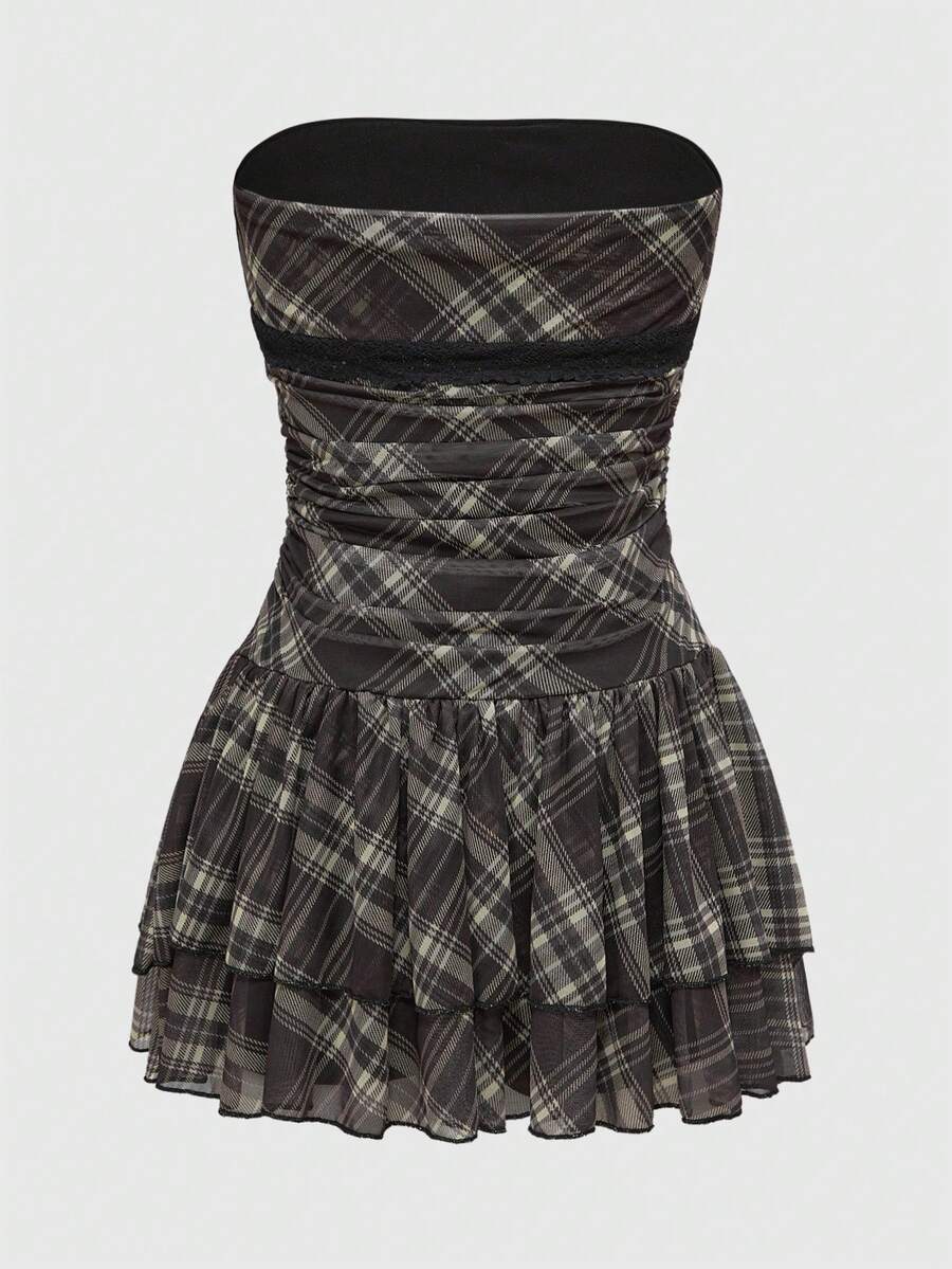 J-Fashion vintage sweet plaid printed strapless mini dress with bow detail, ruched bodice, layered ruffle hem, and matching inner mini shorts.