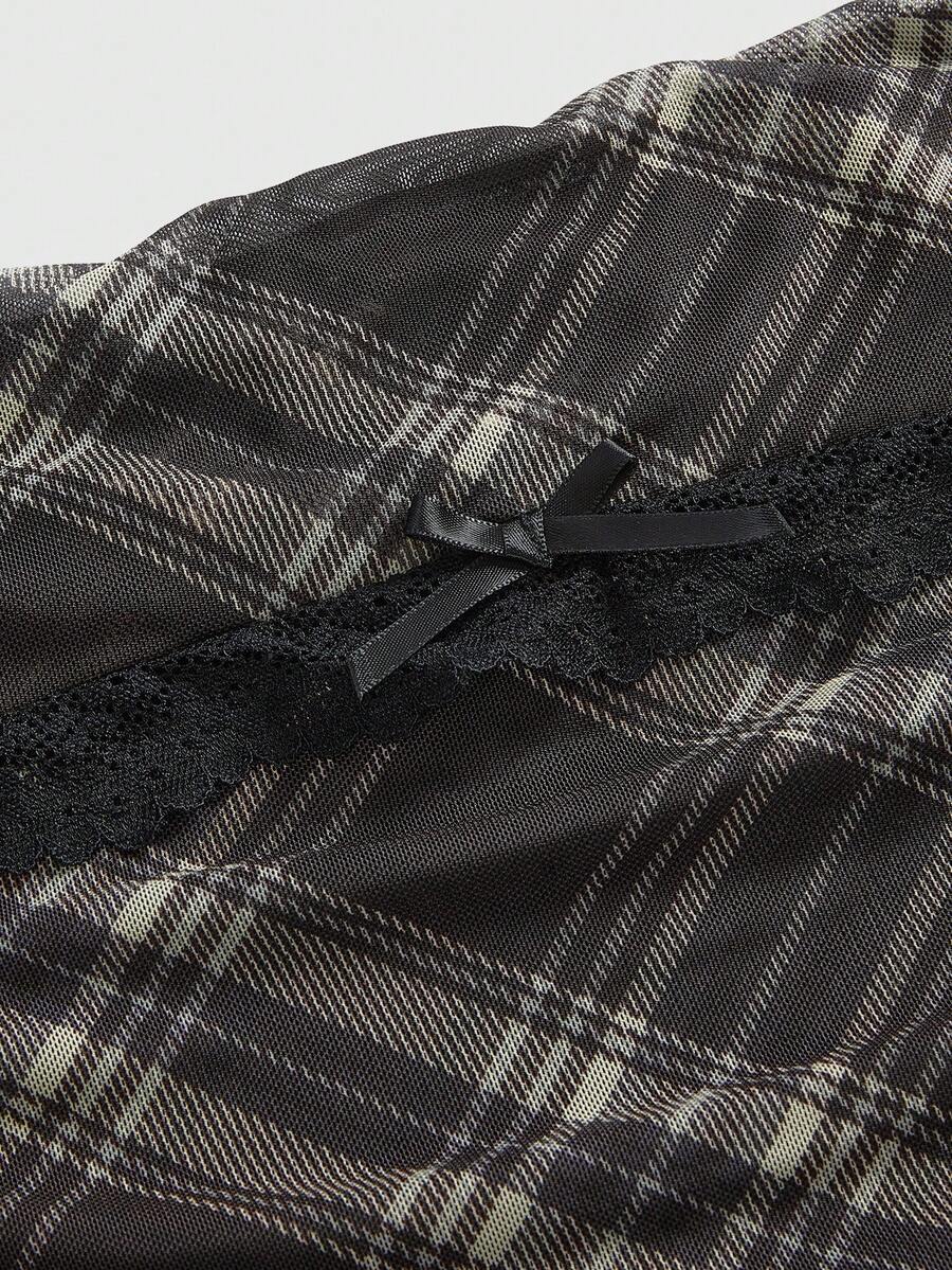 J-Fashion vintage sweet plaid printed strapless mini dress with bow detail, ruched bodice, layered ruffle hem, and matching inner mini shorts.